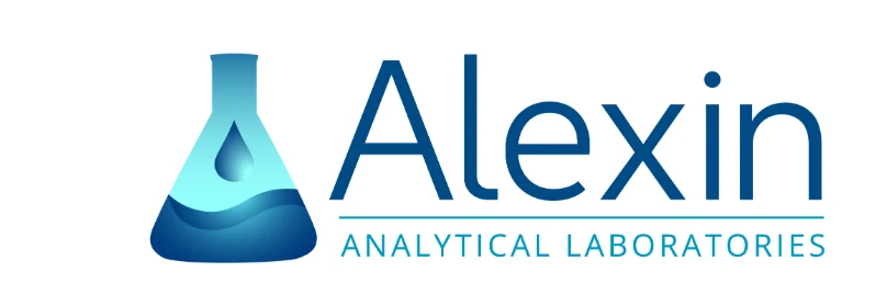 Alexin Analytical Laboratories logo with blue laboratory flask icon and clean blue wordmark.