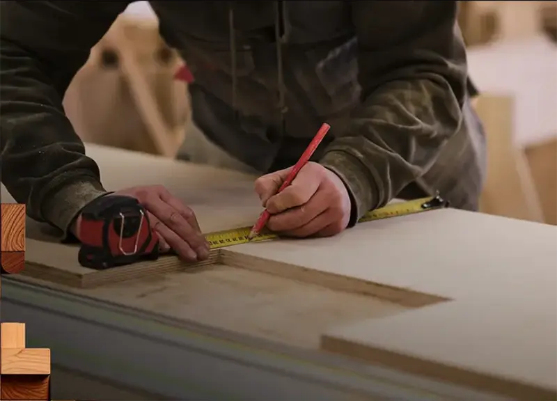 Pinnacle Contractors measuring and marking building material for a custom construction project.