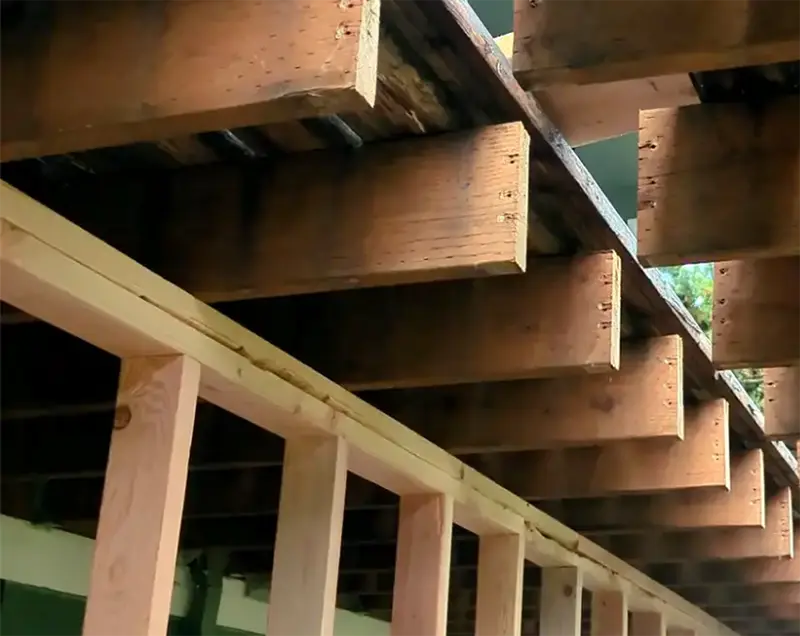 Exposed wood framing and floor joists under a raised deck or home structure during construction or repair.