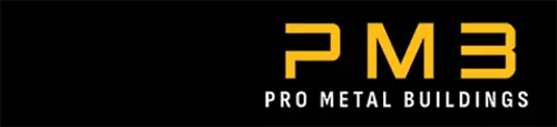 PMB Pro Metal Buildings logo with gold lettering on a black background.