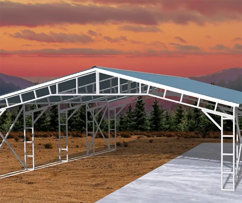 Pro Metal Buildings metal building frame render with open steel structure, peaked roof, and mountain sunset background.