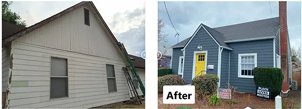 Before and after exterior siding transformation showing a white home updated with blue siding and a yellow front door.