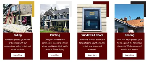 Sister Siding service cards for siding, painting, windows and doors, and roofing on a website designed by Musimack.