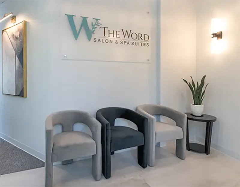 The Word Salon & Spa Suites waiting area featured in a Musimack case study.